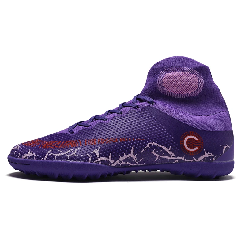 New Arrival Men Soccer Shoes High Ankle Football Shoes Training Cleats FG Kids Superfly Turf Football Boots futebol chuteiras - Color: Purple TF