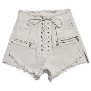 

women summer denim shorts lace up high waist pockets female casual streetwear white short jeans