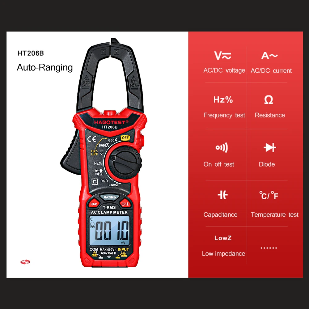 HABOTEST цифровой амперметр AC/DC Амперметр HT206A/HT206B/HT206D клещи вольтметр зажим индикатор напряжения мультиметр