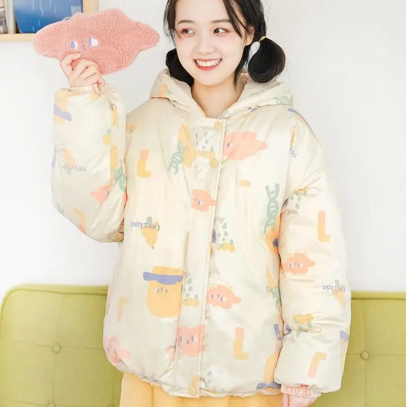 

Fashion Cartoons Print Hoody Windbreaker Jacket Zip Coats Jackets 2021 Winter Women Warm Thicken Outwear Loose Parka Coat