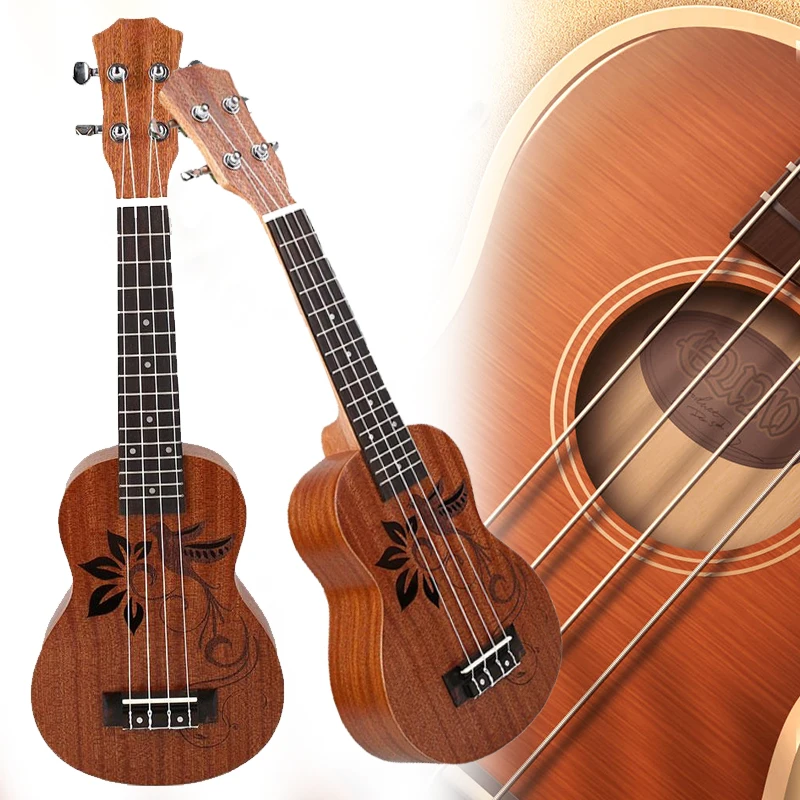 Kids Gift Wooden Ukulele Brown Color Back Flower/Birds Pattern Mini Guitar Beginners Arch Hobbies Wood Ukulele Ukulele Soprano