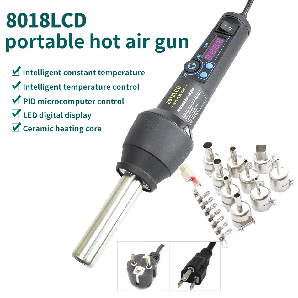 650W High quality 8018LCD 220V/EU LCD Adjustable Electronic Heat Hot Air Gun Desoldering Soldering Station IC SMD BGA + Nozzle