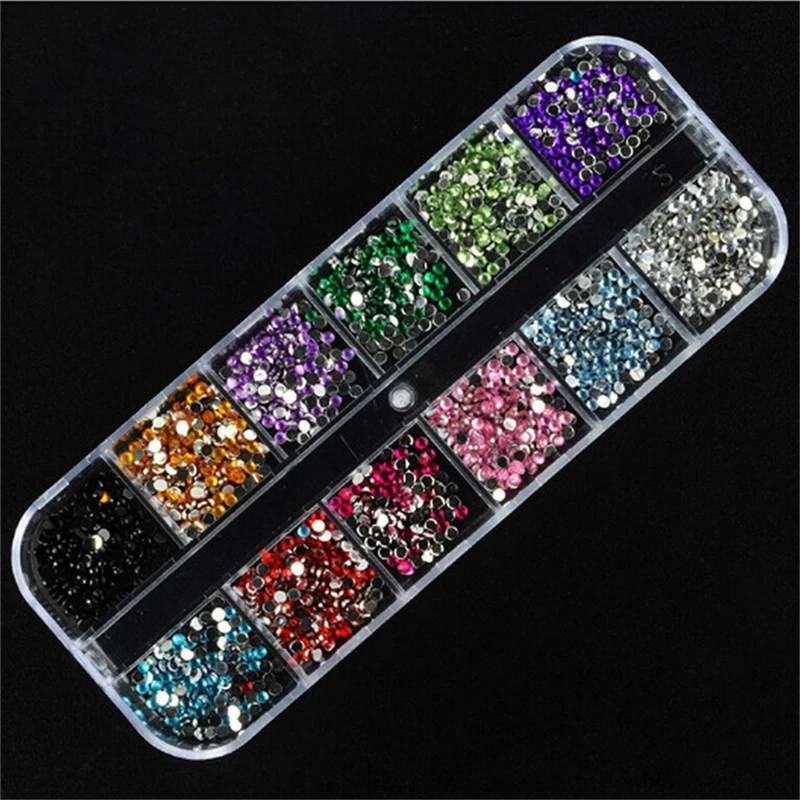 

AACAR 12 Colors 1200Pcs/lot Round Rhinestones Hard Case Nail Art Tips Stickers Acrylic Uv Gel Nail Decal Decor Makeup Tool 2MM