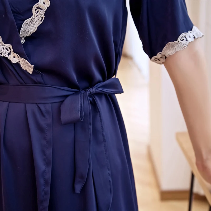Кружевная Женская женственная шелковая ночная сорочка, домашняя Ночная рубашка и платье, комплект для сна + банный халат из двух предметов