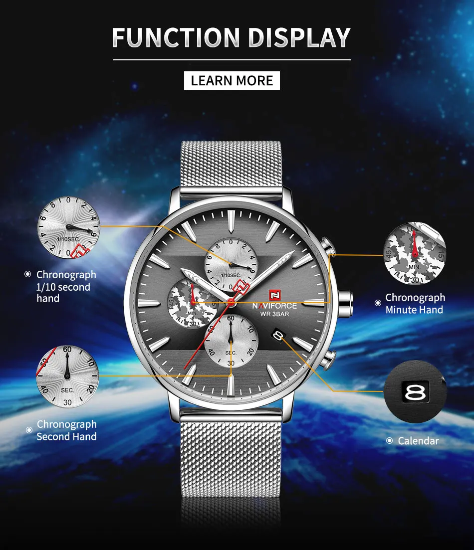 NAVIFORCE, военные спортивные кварцевые часы, мужские многофункциональные часы с хронографом и календарем, брендовые Роскошные наручные часы с сетчатым ремешком