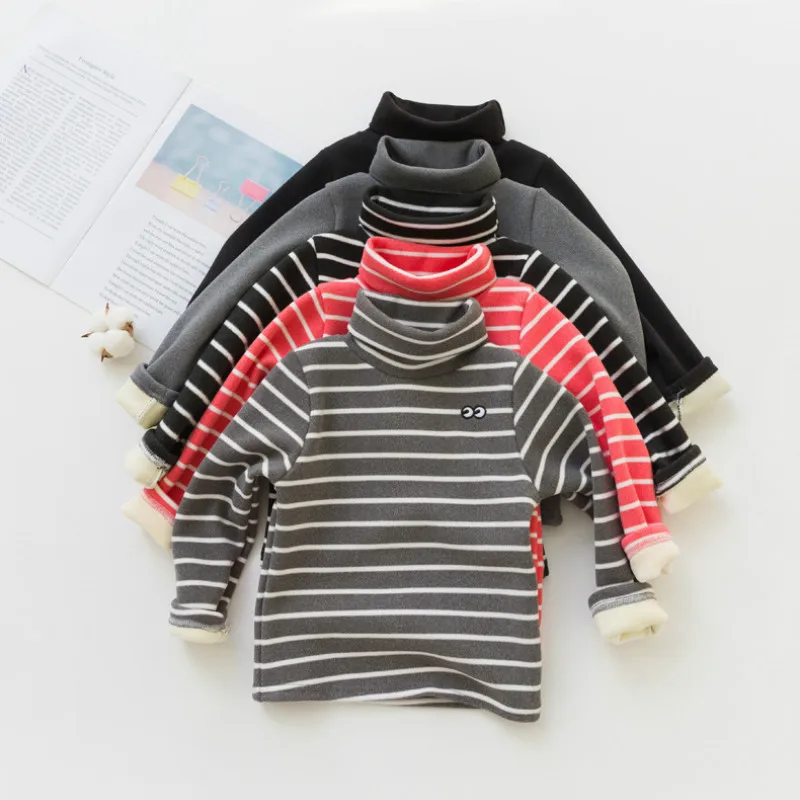 Зимняя Теплая Флисовая Детская футболка с высоким воротником; топы в полоску для мальчиков и девочек; детская теплая футболка для девочек