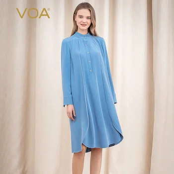 

VOA Sky Blue 40mm Heavy silk womens Fold Tightly Cuffed Pearl Sleeve Nail Medium Long Loose BF Shirt