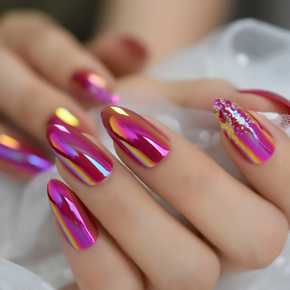 Корейский хром поддельные ногти карнавал Стиль Розовый Красный искусственные ногти шпильки Средний гламурный наконечник для ногтей Набор 24