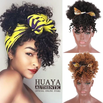 

HUAYA Short Afro Puff Synthetic Hair Bun Chignon Hairpiece Drawstring With Bangs Ponytail Kinky Curly Updo Clip Hair Extensions