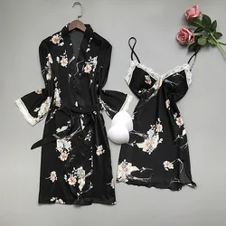 2021 New Summer Women Robe Gown Sets Silk Satin Sleepwear Flower Print Nightwear Lace Night Suit Soft Sleep Lounge Chest Pads