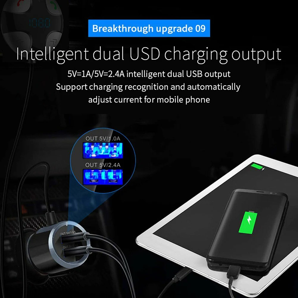 Автомобильный Bluetooth комплект, громкая связь, вызов, FM радио, MP3 аудио плеер, двойное USB зарядное устройство, быстрое автомобильное зарядное устройство, автомобильные аксессуары