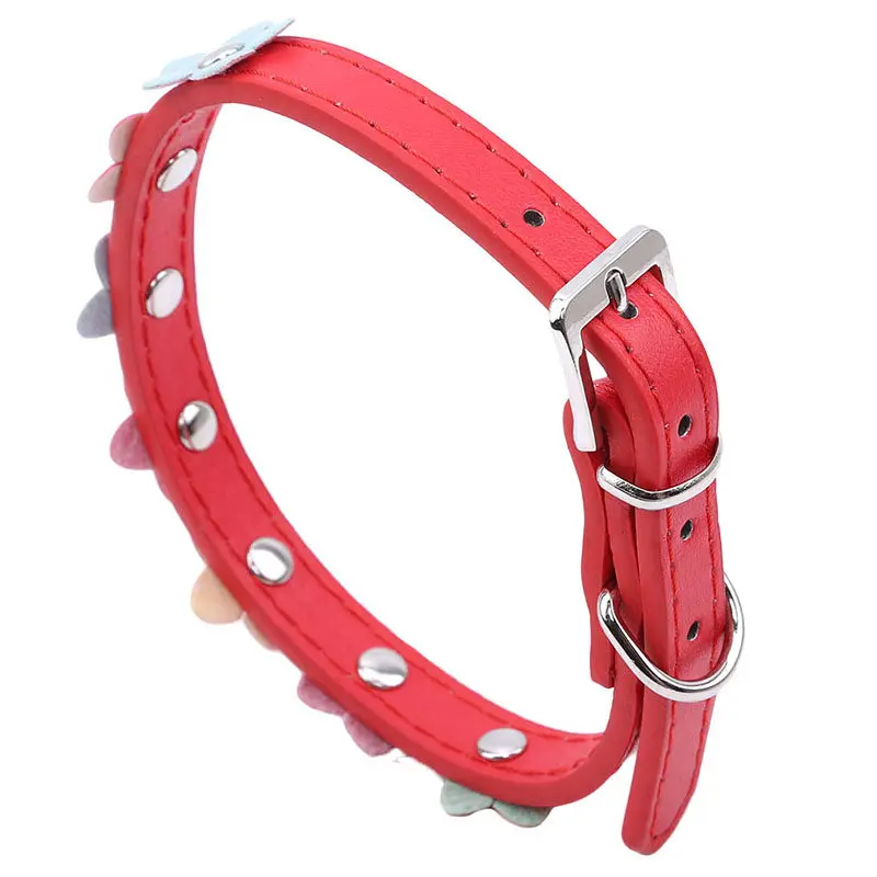 Creative Sweet Flower Studded PU Leather Cat Collar Pet Small Dog Buckle Neck Strap Pet Collar Colorful Flower Dog Collar