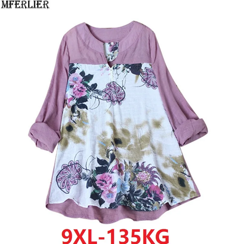 Размера плюс большой 8XL 7XL 9XL Цветочная рубашка женские рубашки с длинным рукавом
