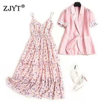

Elegant Lady Office Dress Summer 2020 New Fashion Woman Clothes Short Sleeve Blazer Suit Print Ruffle Strap Chiffon Dress 2pcs