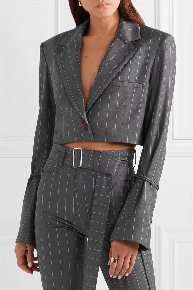 European and American fashion handsome short small suit+ high waist with belt striped nine pants Sets