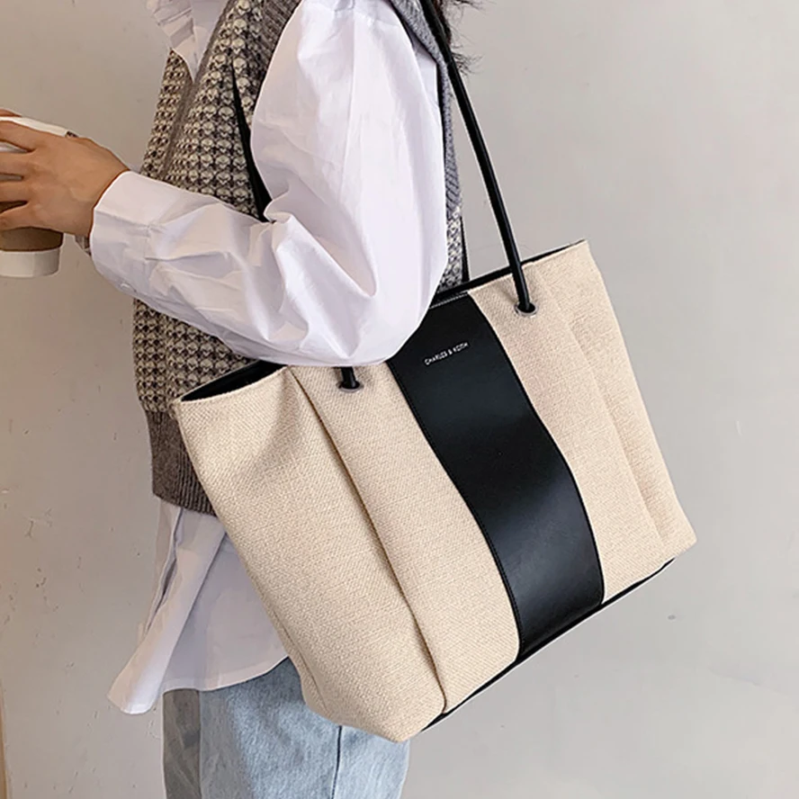 

Large Capacity Women's Tote Linen Casual Women's Bag Patchwork Lady Shoulder Bags Fashion Simple Bags For Women 2020 Sac A Main