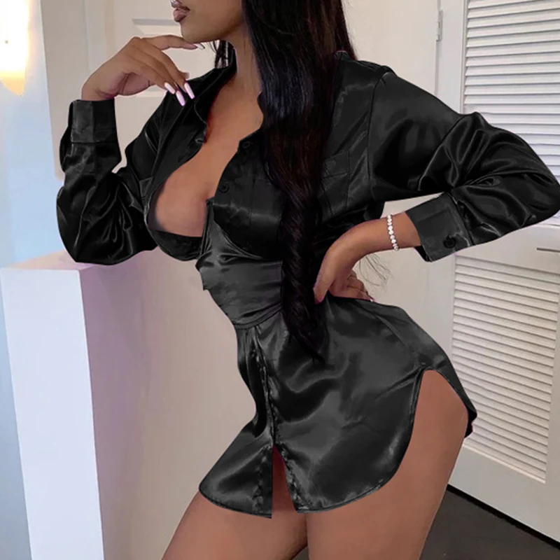 

2019 Autumn Women Shirts Dress Asymmetrical Fluorescent Solid Buttons Sexy Party Club Mini Dresses Long Sleeve Streetwear GV908