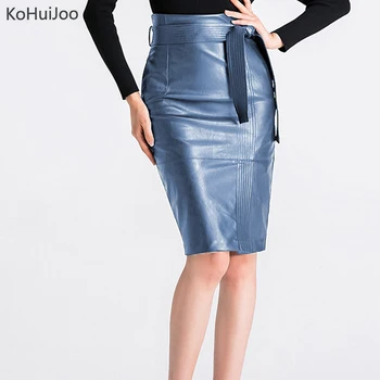 

Kohuijoo Plus Size Pu Leather Skirts Women Office Ladies Sexy Bodycon Pencil Skirt High Waist Faux Leather Skirts Female Blue