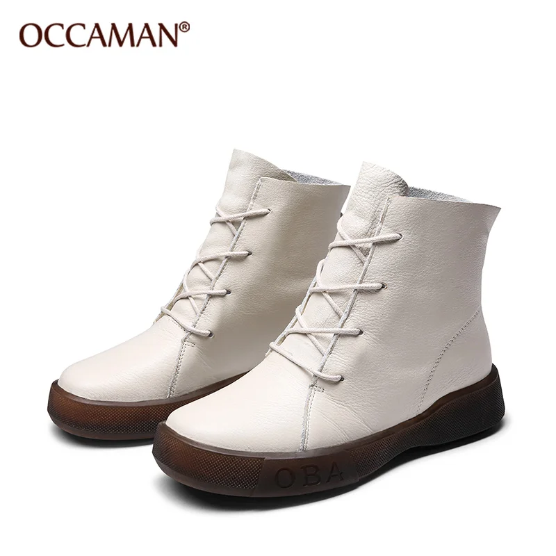 

New Arriavl Soft Lace Up Solid Color Flat Shoes Hand-made Genuine Leather Round Toe Winter Cool Martin Boots Women 16120