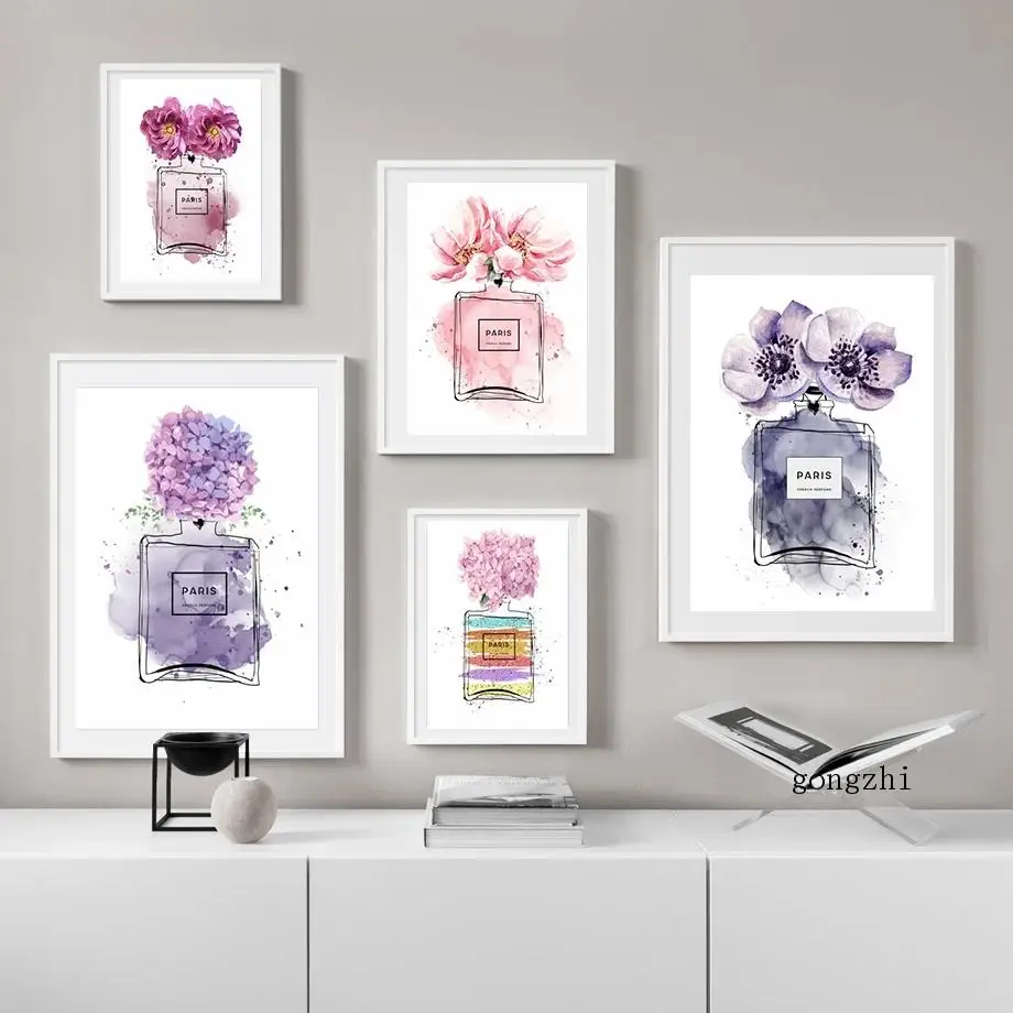 Watercolor Abstract Paris Perfume Poster Pink Purple Flower Canvas