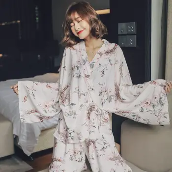

Women's Crane Printing Pajamas V-Neck Long Sleeve Kimono Sleepwear Loose and Comfortable Home Clothes 2 Piece Pijama Mujer