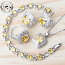 Свадебные комплекты ювелирных изделий из стерлингового серебра 925 пробы женские желтые серьги с цирконием камень кулон ожерелье кольца браслет для набора подарочная коробка