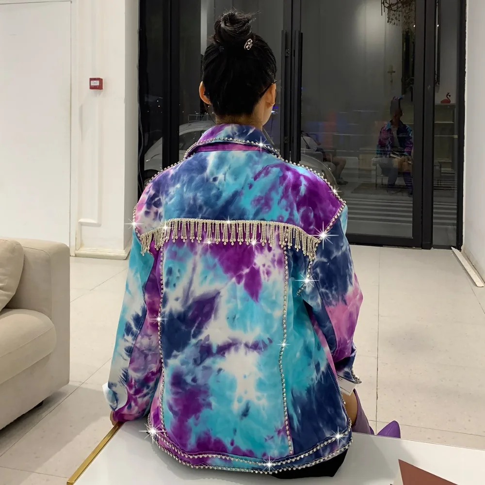 WHITNEY WANG Осенняя мода уличная галстук-краситель бриллианты кисточка джинсовая куртка женская Стильная джинсовая куртка