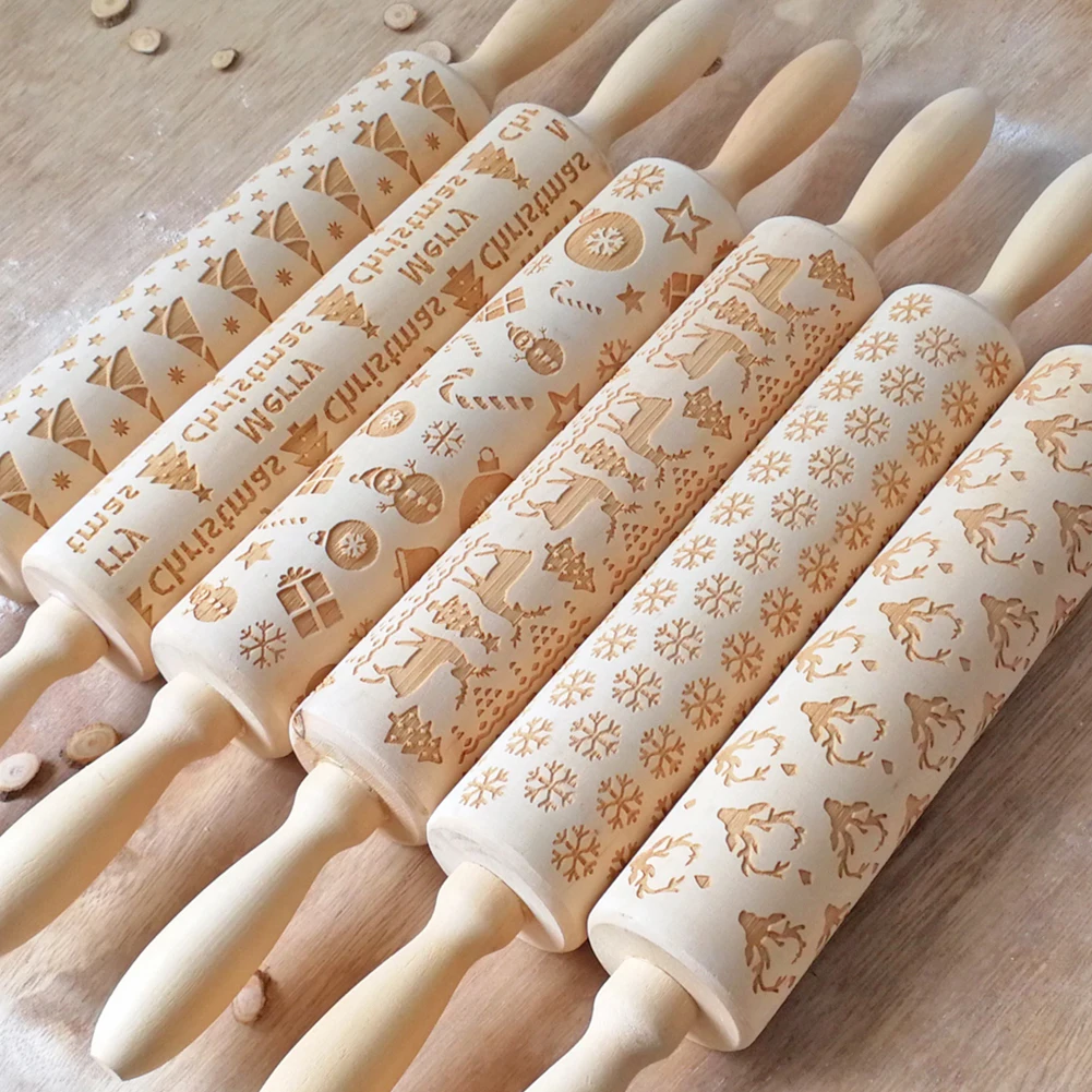 

Christmas Embossing Rolling Pin Baking Cookies Noodle Biscuit Fondant Cake Dough Engraved Roller Reindeer Snowflake