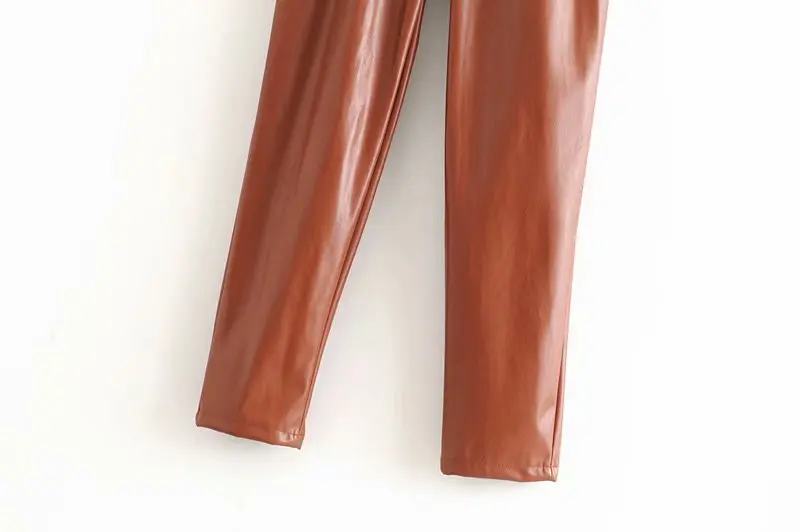 Винтажные шикарные женские брюки из искусственной кожи с поясом и высокой талией модные женские брюки на молнии с боковыми карманами