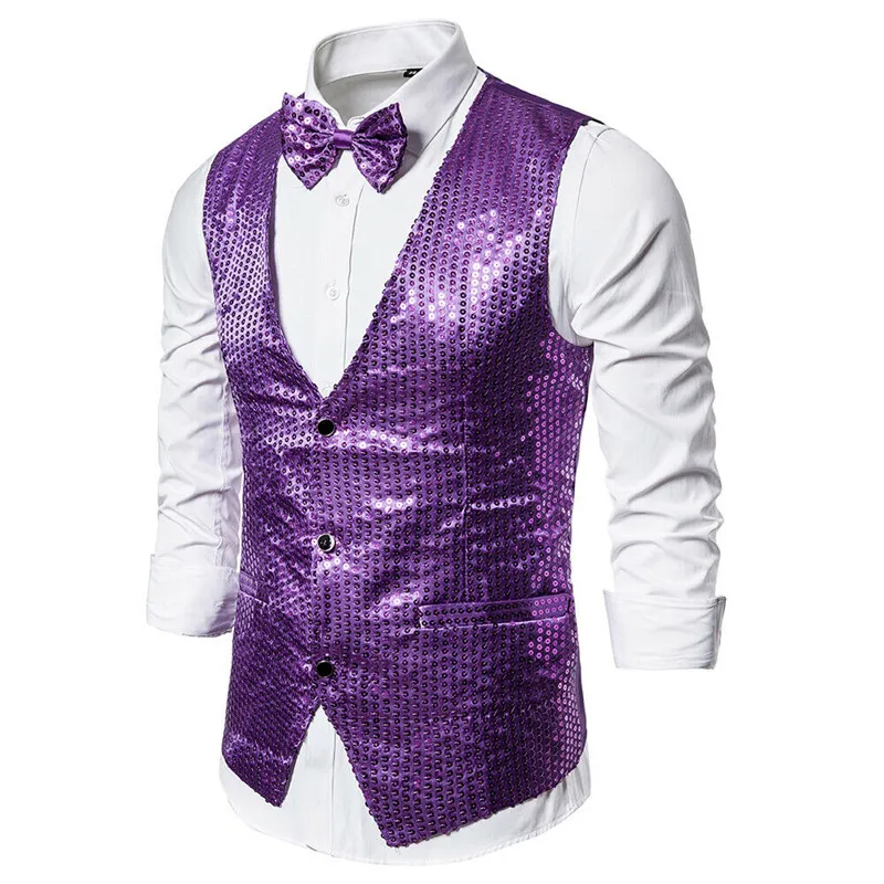 Дропшиппинг Модные мужские Блестящие Блестки Украшенные шикарные вечерние костюмные жилеты для ночного клуба Homme сцена для певцов Perfomers - Цвет: Фиолетовый