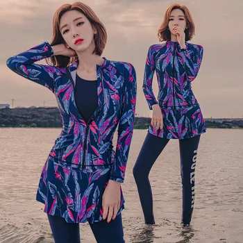 

Women's Summer Suit High Waist Swimsuit 2019 Swimwear One Piece Swim Surfing Rushguard Female Skirt Four Long Sleeve Pants