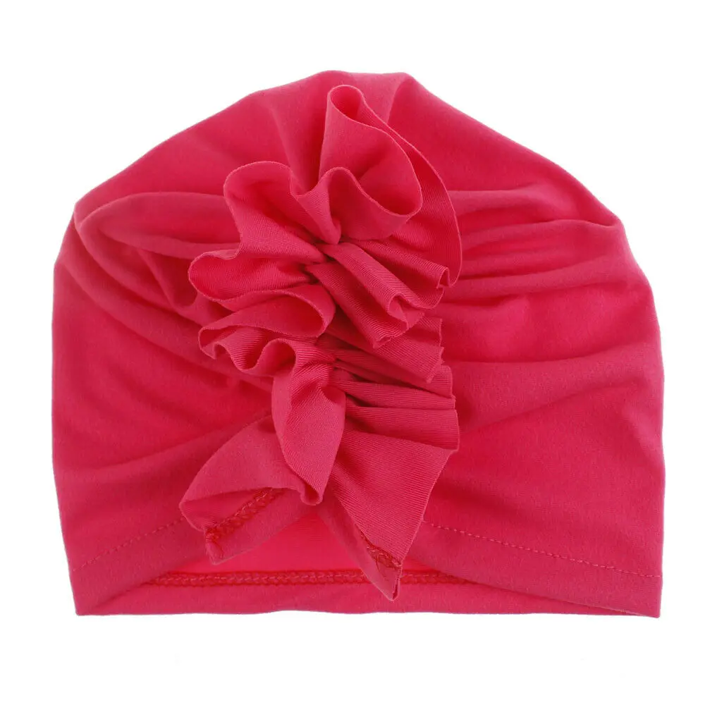 Милая Хлопковая шапочка-чалма с бантиком и оборками для новорожденных и маленьких мальчиков и девочек, регулируемая шапка принцессы с цветочным рисунком - Цвет: Розово-красный