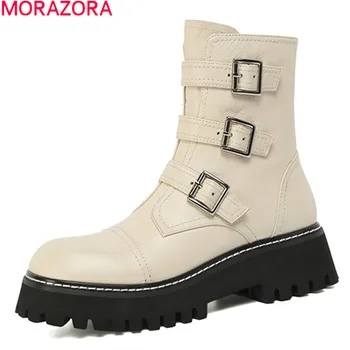 

MORAZORA 2021 New Arrival Women Boots Square Heels Round Toe Buckle Ankle Boots Autumn Winter Genuine Leather Boots