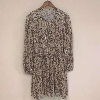 

Lantern Sleeve Dress Women Printed O-neck Elastic Waist 2020 New Ladies Vintage Mini Dress