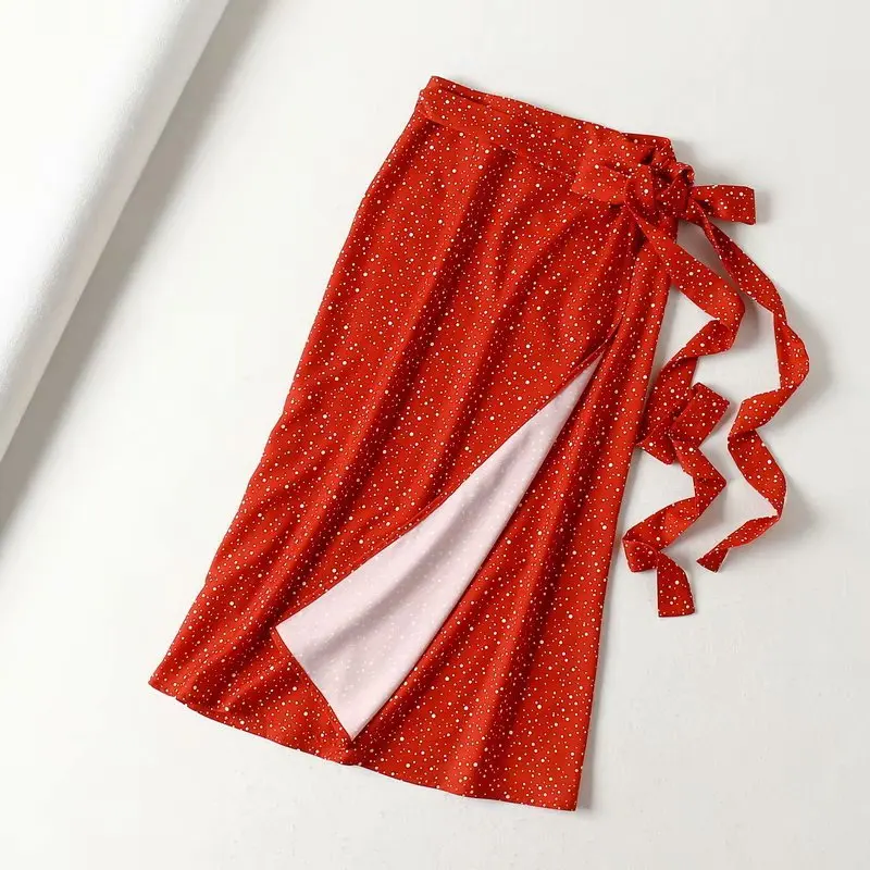 

2019 Summer New Style French Elegant Polka Dot Printed High-waisted Lace-up Solid Wrap A- line Slit Skirt Women's