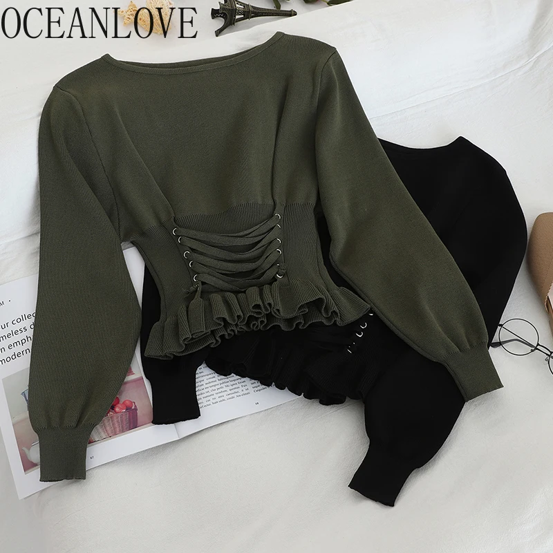 OCEANLOVE Short Pullovers 2020 Bandage Solid Korean Pull Femme Fashion Autumn Winter Ruffles Casual Women Sweaters 13486 | Женская