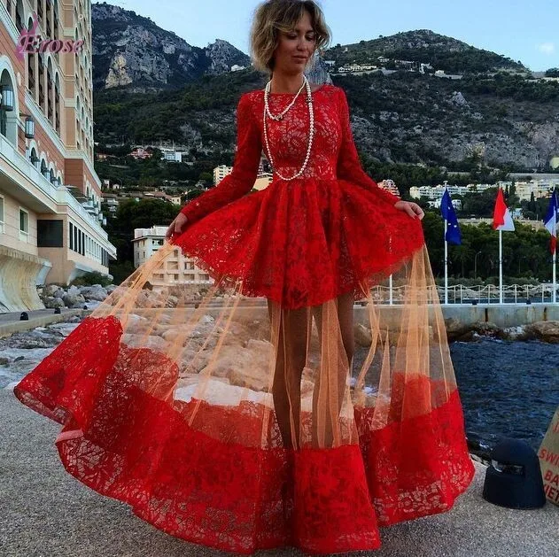 

2014 Crimson Floor-Length O-Neck Lace and Tulle Prom Dress Party Gown with Long Sleeves MG-028