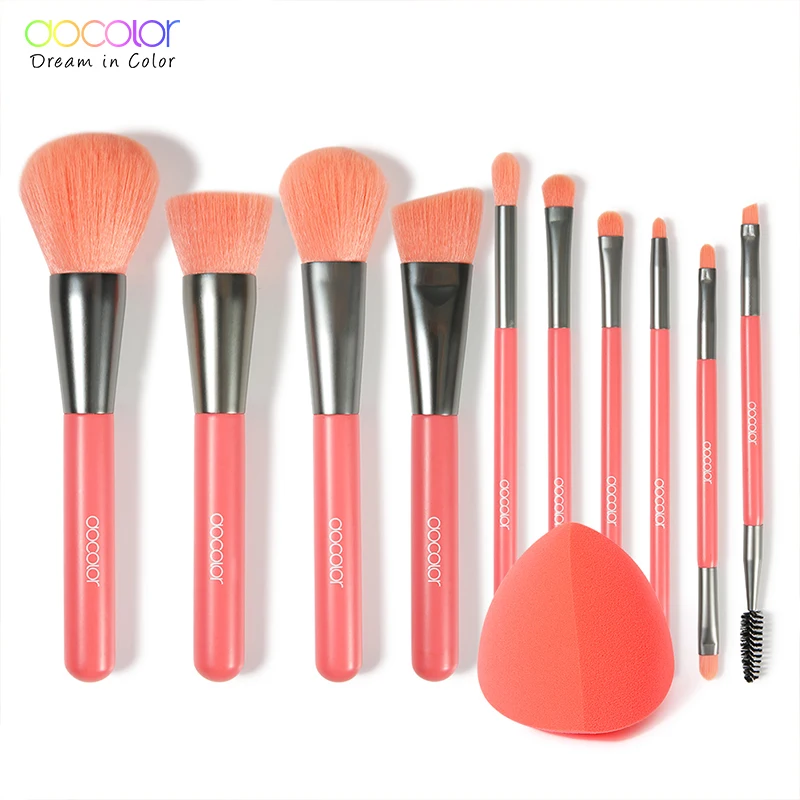 

Docolor 10Pcs Makeup Brushes Professional Powder Foundation Eyeshadow Makeup Brushes Set and Neon Makeup Sponge Cosmetic Puff