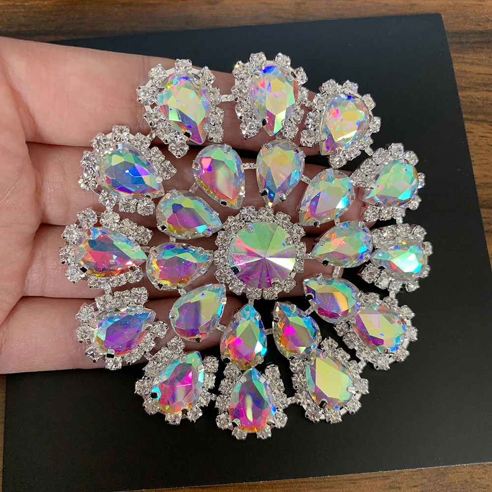 

Crystal AB Colorful rhinestone applique round Flower sew on rhinestone silver gold base For DIY party dress bags shoes