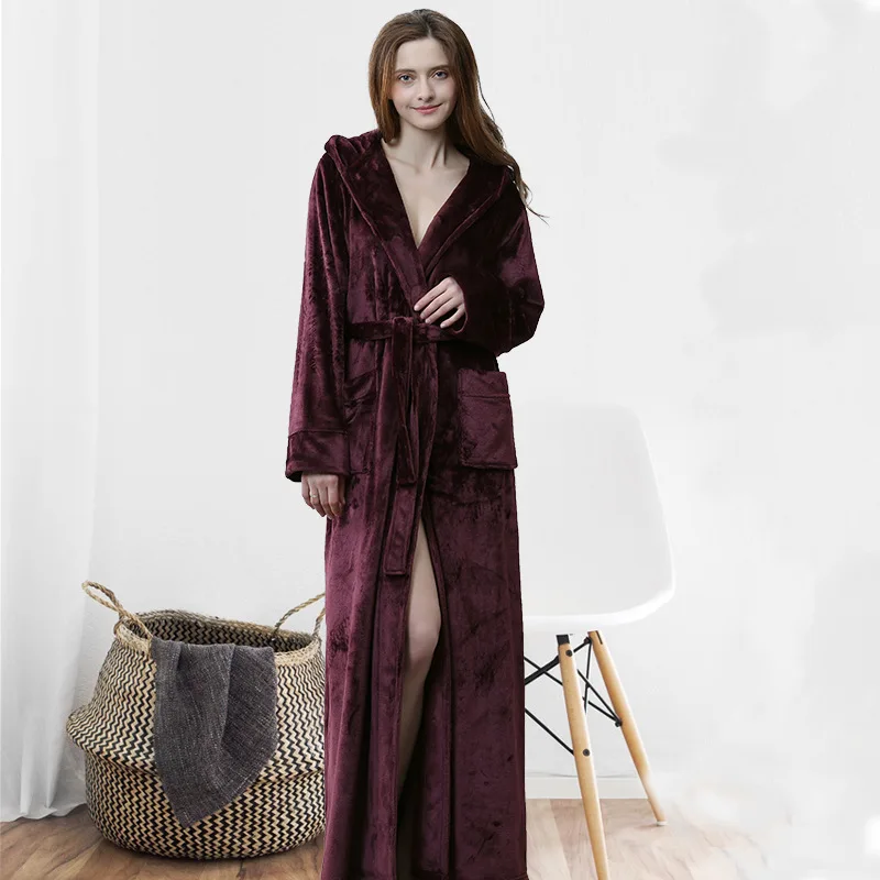 Women Winter Hooded Extra Long Thick Flannel Bath Robe Luxury Peignoir Warm Dressing Gown Men Bathrobe Bridesmaid Wedding Robes