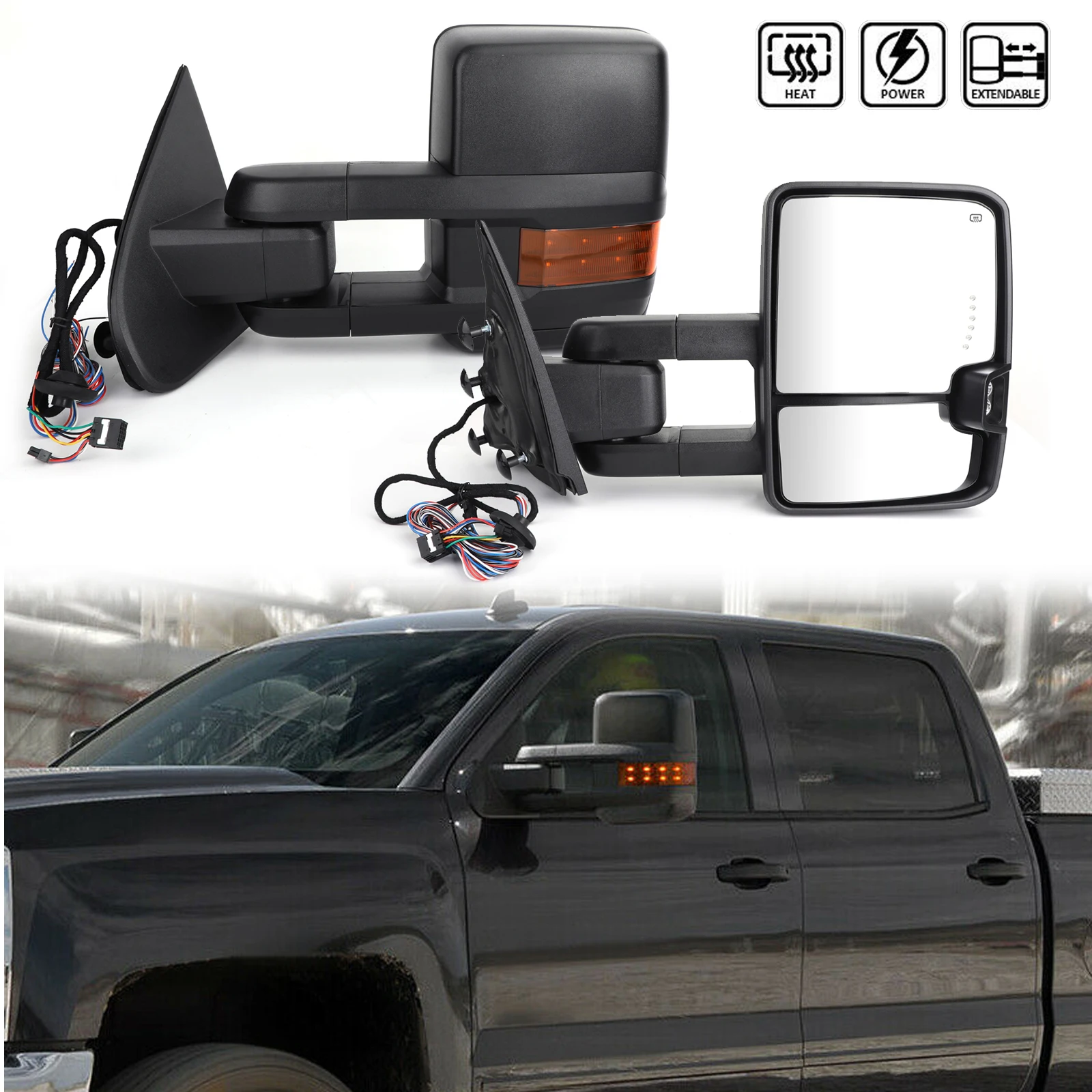 Areyourshop POWER+HEAT Extend Tow Mirrors w/LED Signal For Silverado Sierra- Towing View Mirror Car Parts