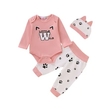 Весенне-осенний Повседневный Модный комбинезон с длинными рукавами и принтом для маленьких девочек, комбинезон+ брюки+ шапка, комплект одежды из 3 предметов, комплекты одежды для детей