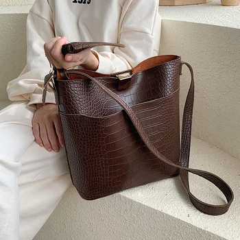 

Designer Women Handbag Pu Leather Shoulder Bag Alligator Leather Purse Ladies Brown Bag Sets Fashion Female Bucket Bag Bolsa