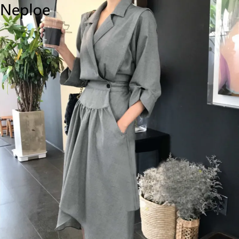 Neploe корейский Chi Темперамент Нерегулярные Макси Vestido Осень Зима тонкая талия Нерегулярные ropa mujer серое платье в стиле ночных женщин 46520