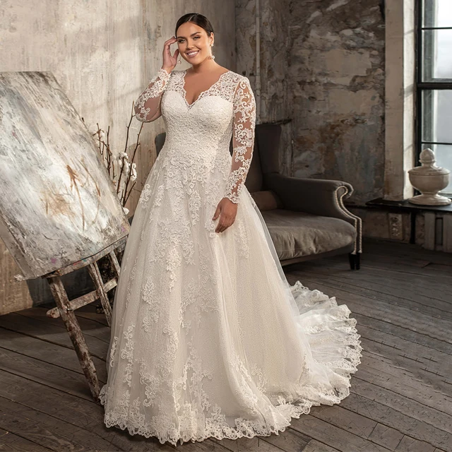 Modest Long Sleeves Plus Size Wedding Dress for Bride Customized V Neck Lace Glitter Lace A Line Long Train Corset Bridal Gowns 1