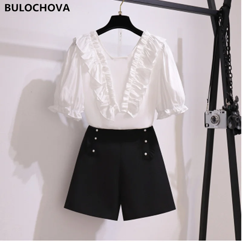 

Женский летний комплект из 2 предметов, рубашка с квадратным воротником и коротким рукавом-фонариком и шорты с широкими штанинами и высокой талией, 2021