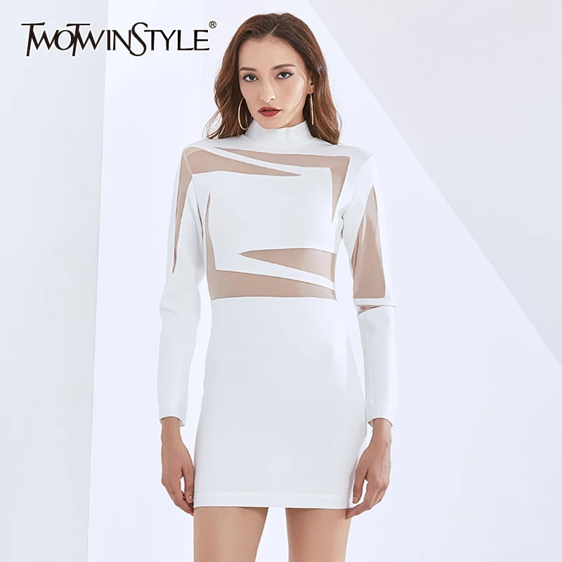 TWOTWINSTYLE лоскутное Сетчатое тонкое платье для женщин с воротником-стойкой и