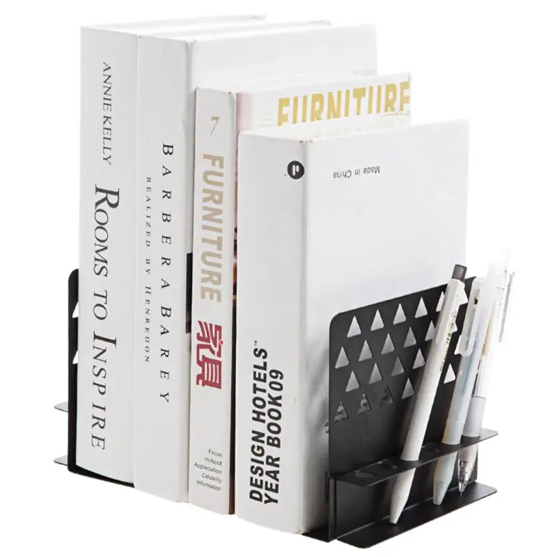 2pcs Creative Metal Bookends Support Desktop Organizer Stand with Pen Holder
