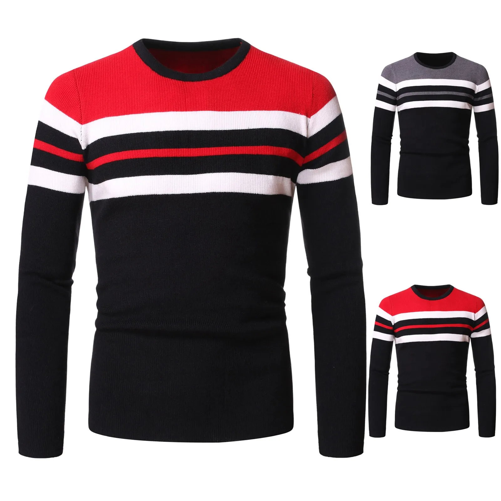 Men's Round Neck Sweaters Comfy Simple High Quality Sweaters Knitted Pullover Color Block Sweater Pullover Top Свитер Мужской 1