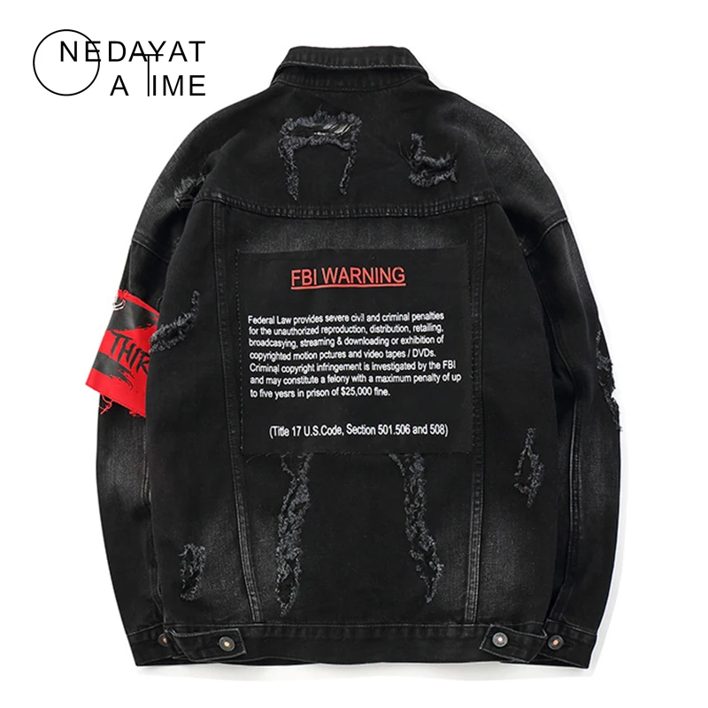 

US Size Black Hole Denim Jackets Men Jeans Coat Hip Hop Jacket Streetwear 2019 Spring Autumn Black Jacket for Male Streetwear